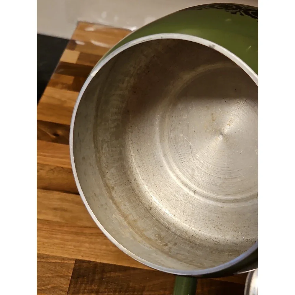 Vintage Green Enamel Fondue Pot Saucepan Floral MCM Boho Wood Handle 1970s
